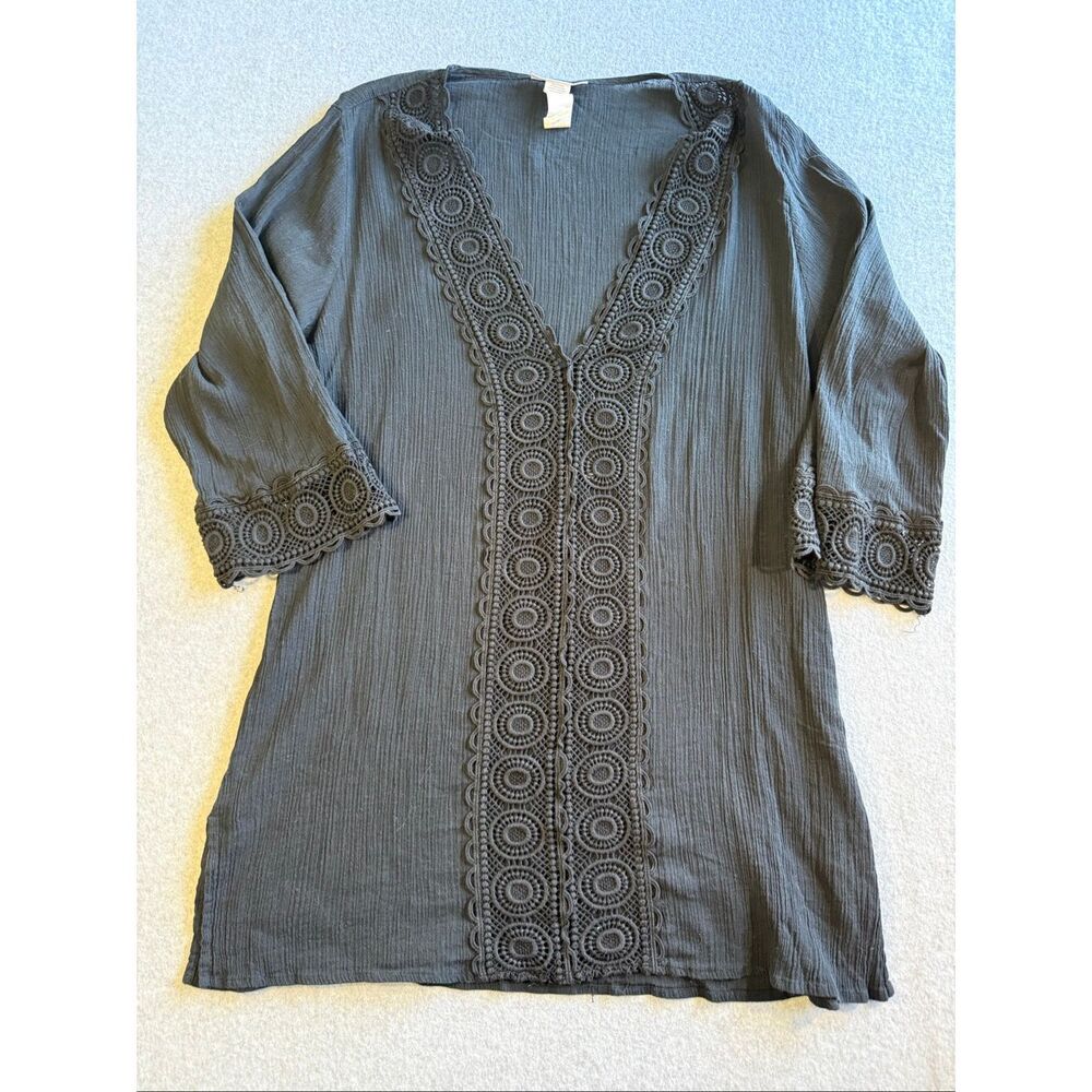 La Blanca crinkle gauze crochet trim tunic beach cover-up L